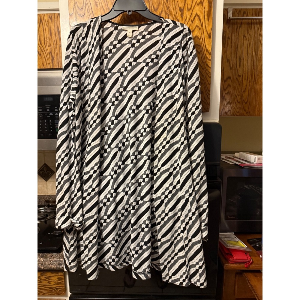 Dana Buchman Womens XL Cardigan Sweater‎ Black White Grey Wavy Stripe Open Front